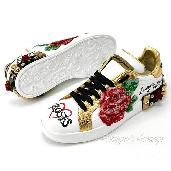 NEW DOLCE & GABBANA Roses Amore Crystal Sequin Portofino Sneakers $1,650 - Picture 7 of 13